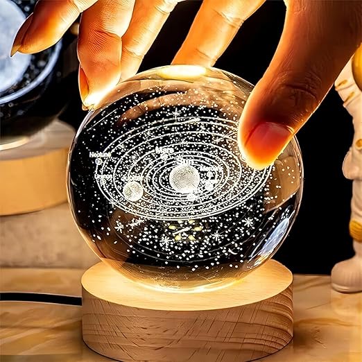 3D Solar Planet Crystal Ball Night Lamp – USB Colorful LED Table Decor with Wooden Base for Home, Office, Bedroom (Solar Planet Design)